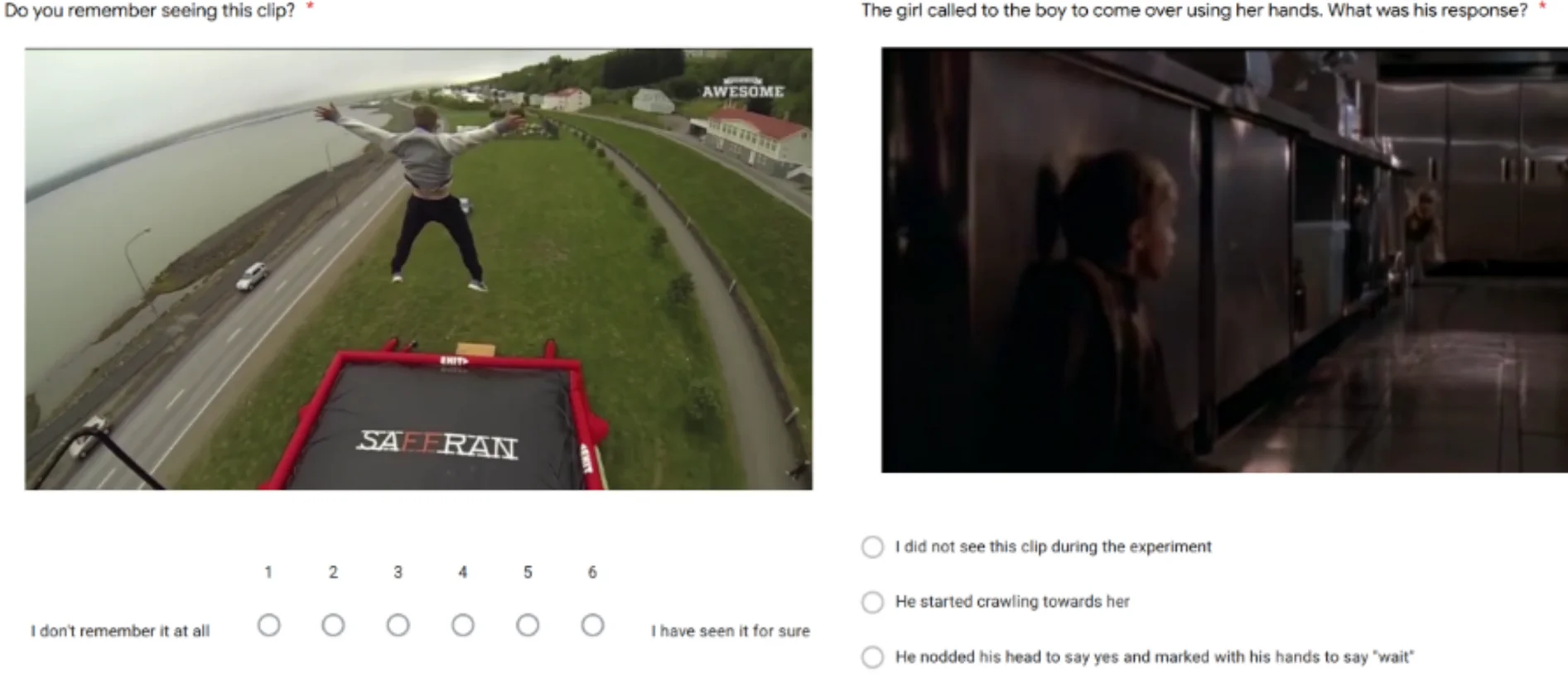 Memory test question examples for the video clips in experiment 1\n\t\t\tincluding recall and recollection.