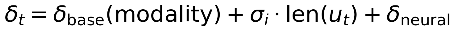 Equation 1: delta_t equals delta_base of modality plus sigma_i times length of u_t plus delta_neural.