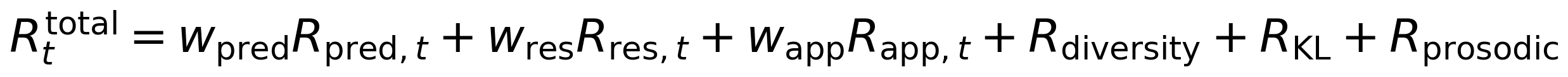 Equation 6: total reward as sum of prediction, resonance, application, diversity, KL, and prosodic components.