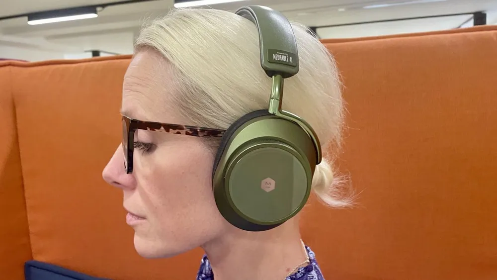 another picture of the MW75-Neuro headset with EEG electrodes in the ear cushions